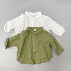 Children's long-sleeved shirt Spring Korean version for small and medium-sized children, unisex children's shirt, trendy plain cotton linen long-sleeved stand-up collar shirt