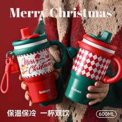 高颜值コーヒーサーモカップ クリスマス ダブルドリンクカップ 女の子 大容量 ハンドル付き ストロー付きカップ 持ち運びカップ