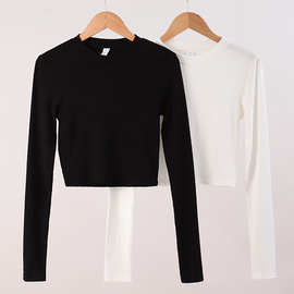 新款跨境黑色短款螺纹打底衫修身正肩长袖百搭露脐上衣女针织