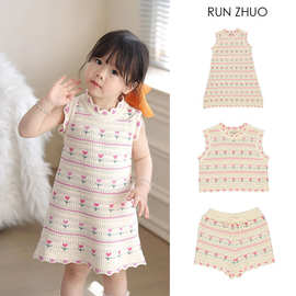 童装新款女童现货跨境2025春夏郁金香花朵针织连衣裙a类薄款套装