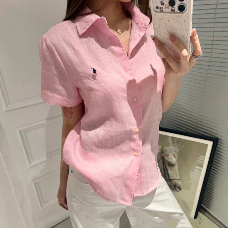 Rl Ralph Lauren Linen Short-Sleeve Shirt with Classic Pony Embroidery, Polo Style, Breathable Cardigan Top for Women