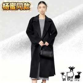 纯绒双面呢大衣女中式挽袖过膝中长款毛呢外套秋冬款保暖羊绒大衣