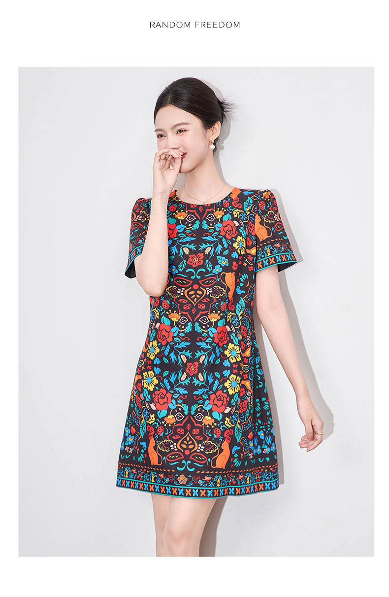 Váy liền chữ A in hoa cổ điển phong cách dân tộc mùa hè — Màu đen chi tiết 10