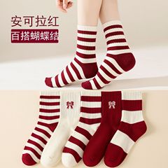 秋冬新品襪子女日系安可拉紅蝴蝶結中筒襪條紋百搭棉質女襪諸暨襪