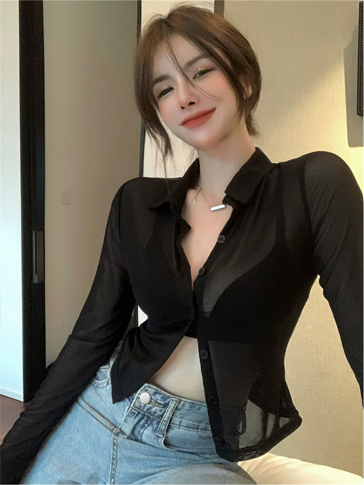 Fitted Summer Shirt, Sun-Protection, High-Waist Crop, Black/Coffee, Sizes S–XL