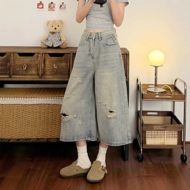 Street-Style Distressed Ripped and Faded Cropped Jeans for Women, Summer Plus-Size Loose Straight-Leg Slimming Wide-Leg Pants Trendy