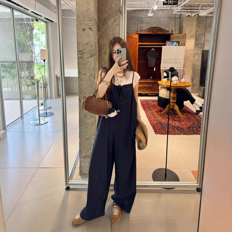 Mx 2025 Summer New Blue Overalls Straight Wide-Leg Pants Drapey Casual Jumpsuit Summer