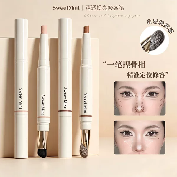 Sweet Mint Clear and Brightening Pen for Natural Contouring and Highlighting, Dual-Ended Brush for Face and Nose Shadow Makeup