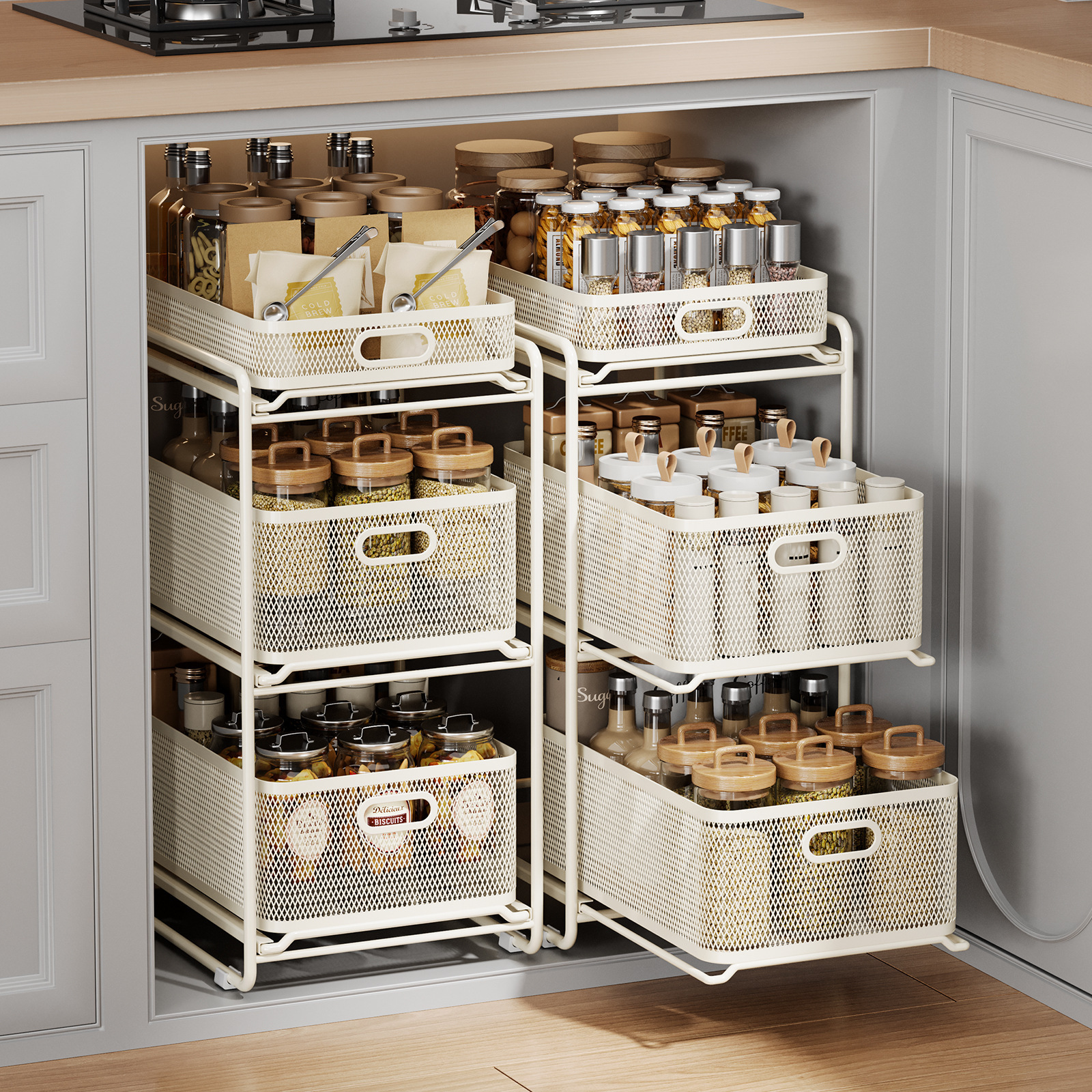 Estante dividido de gabinetes Estante de cocina Estante de almacenamiento de fregadero inferior Estante de almacenamiento de utensilios para el hogar Estante de almacenamiento de aceite, sal, salsa y vinagre