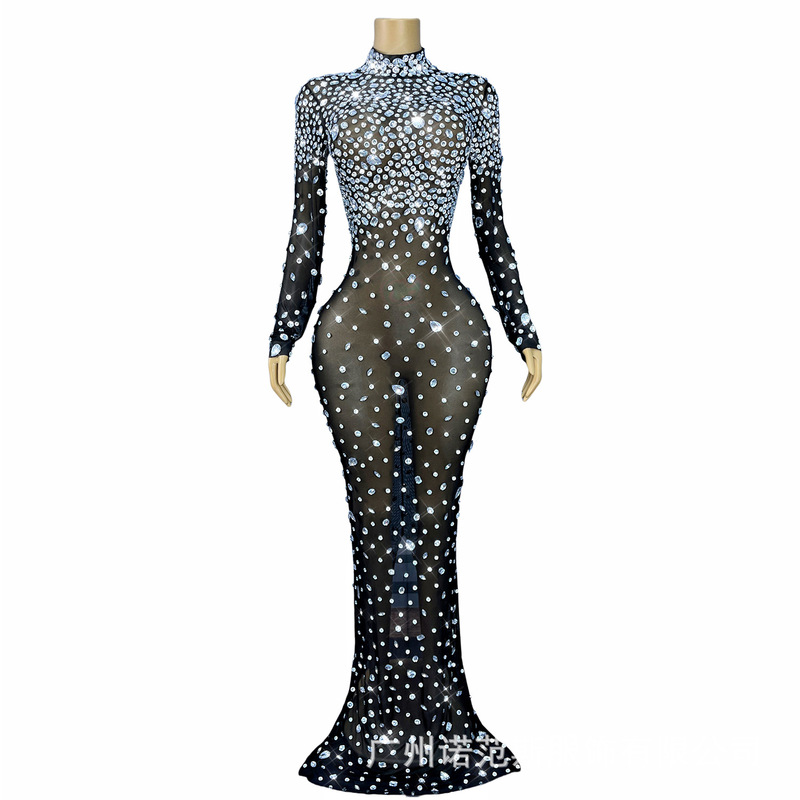 High-End Light Luxury Full Diamond Sexy See-Through Mesh Slit Long Skirt Catwalk Singer Hosting Cocktail Party Evening Dress