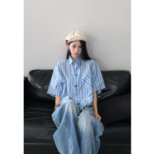300斤大码女装美式夏日海滩蓝色条纹衬衫半袖慵懒短袖衬衣外套潮