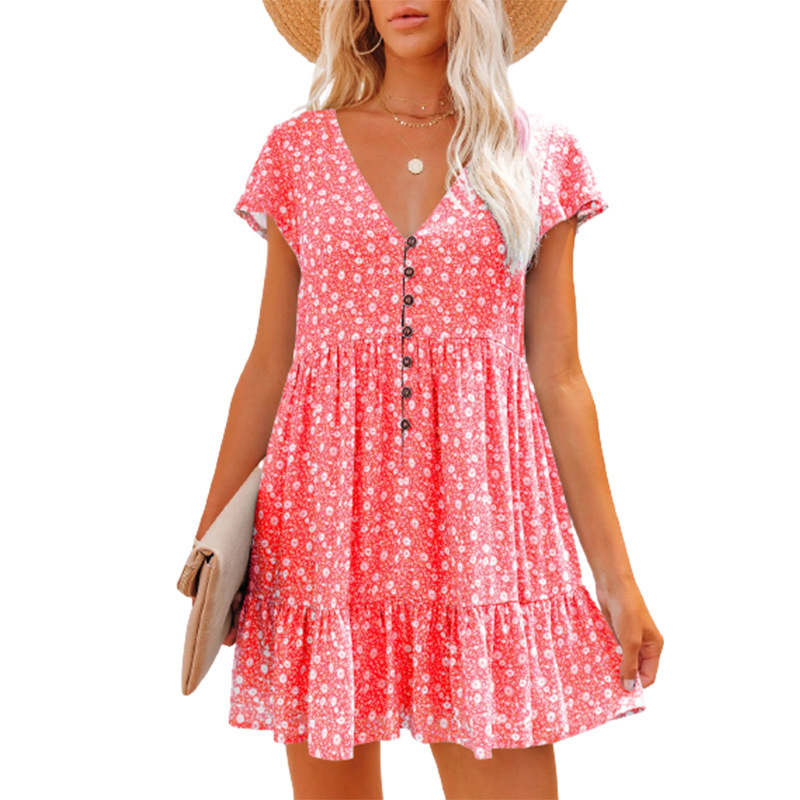 Floral Print V-Neck Short-Sleeved Dress NSLZ113895