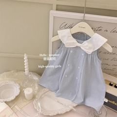 韓國童裝連衣裙2024夏款新款女童洋氣背女孩海軍領蝴蝶結公主裙