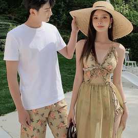 新款情侣泳衣女夏连体裙式保守聚拢小胸显瘦遮肚泡温泉沙滩裤套装