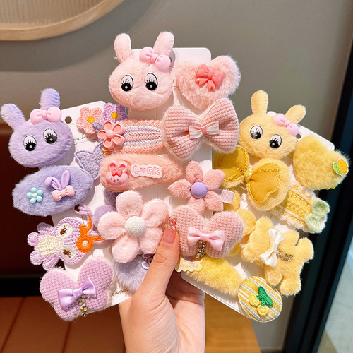 Autumn and Winter New Plush Rabbit Hair Clips for Kids, Cute Cartoon Hair Accessories Set for Babies, Non-Damaging to Hair, Sideburn Clips