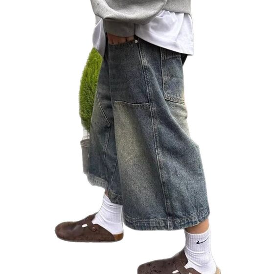 American Vintage Denim Shorts Men's and Women's Straight Wide-leg Pants Old Casual All-match Capri Pants Washed High Street Pants