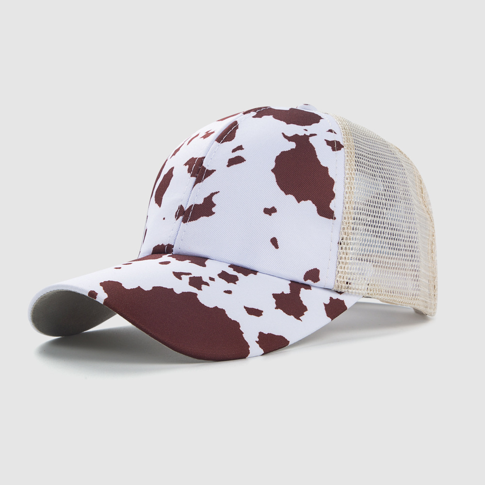 Coffee, Black Color Vintage Cow Pattern Cross Elastic Mesh Ponytail Peaked Cap Wholesale