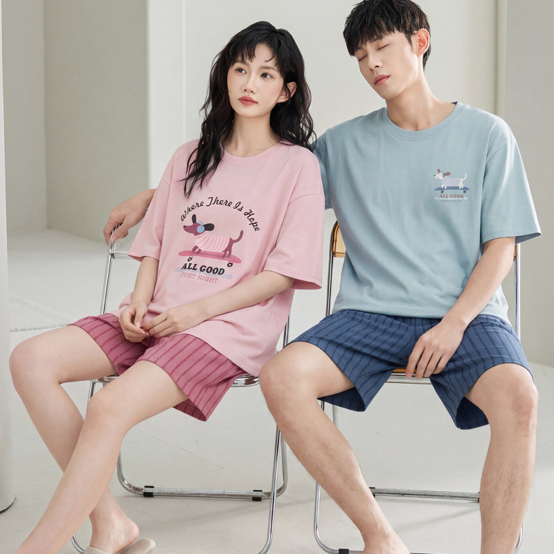 Combed Cotton Couple's Pajamas with Chest Pads, Summer Cartoon Short-Sleeved Shorts Pullover Set, Can Be Worn Outside in Spring and Autumn Combed Cotton Couple's Pajamas with Chest Pads, Summer Cartoon Short-Sleeved Shorts Pullover Set, Can Be Worn Outside in Spring and Autumn