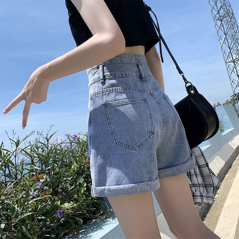 Thin Denim Shorts Women's 2021 New High Waist Double-breasted Slim-fit Korean Loose Wide-leg Pants Hanged Hot Pants for Summer