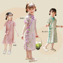 女童中国风童装连衣裙宝宝纯色薄款走秀旗袍洋气唐装中长款夏新款