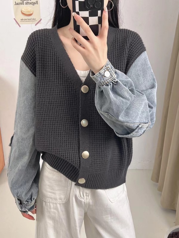 拼接牛仔针织开衫2025秋冬新款韩版宽松休闲百搭V领毛衣外套女潮|undefined