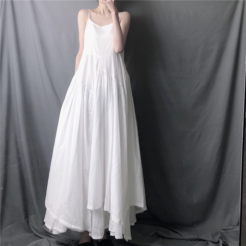 Black and White Two-color Super Long Irregular Large Swing Sling Dress Women's 2024 Summer New Artistic Fresh Elegant Long Dress