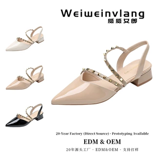 Custom women's shoes 定制凉鞋女款铆钉粗跟软底尖头单鞋6163-1