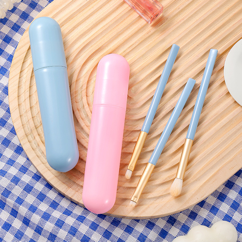 Macaron 5 conjuntos de cepillo de sombra de ojos, paquete de cepillo de maquillaje portátil azul 5 en 1, cepillo de alto brillo, cepillo de halo