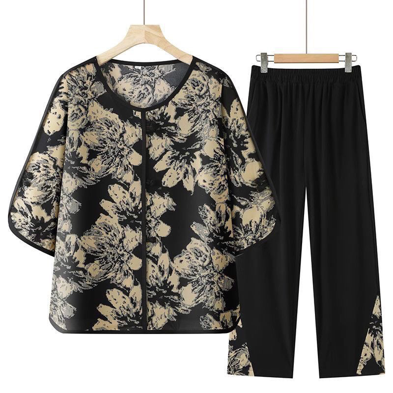 妈妈女装宽松夏装中袖T恤套装中老年洋气夏季奶奶新款衣服两件套