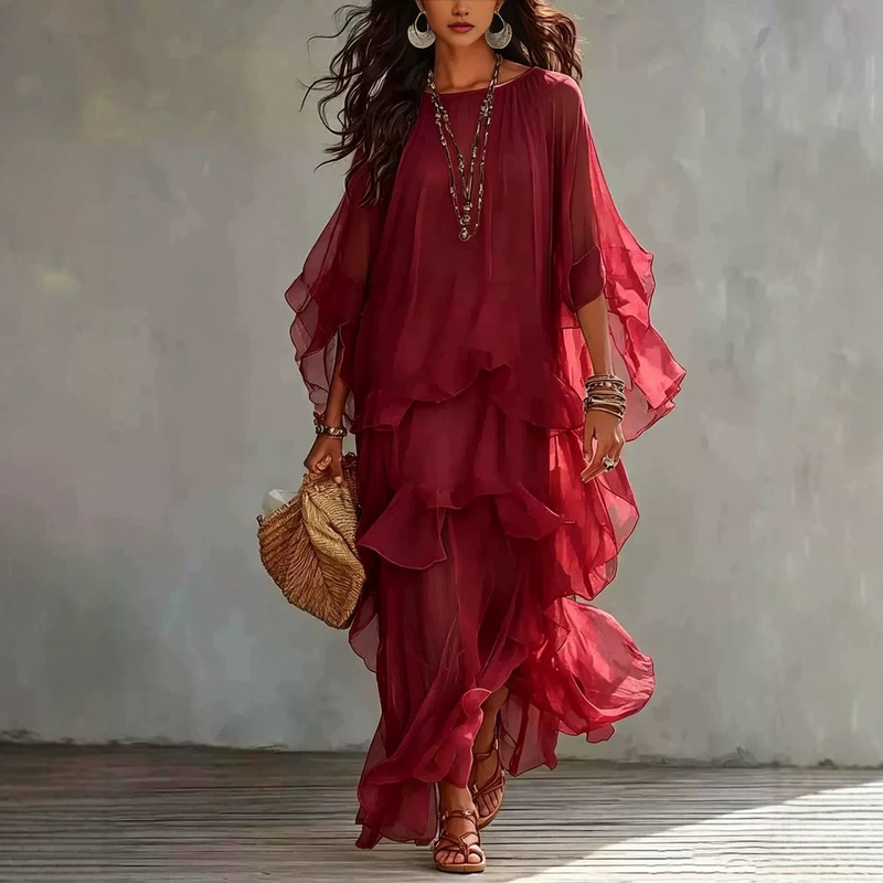 Bohemian style ruffled long dress for women, new summer chiffon loose-fitting round-neck asymmetrical dress, cross-border fashion