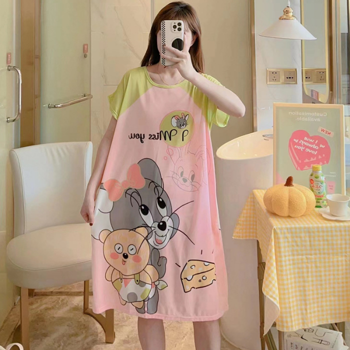 Camisón de las mujeres del verano Delgado manga corta nueva línea rojo estilo pijamas dibujos animados lindo señoras vestido flojo desgaste hogar