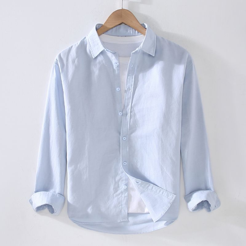 Primavera y otoño solapa de manga larga camisa de lino japonés suelta moda casual Camisa blanca Camisa de algodón y lino chaqueta de los hombres