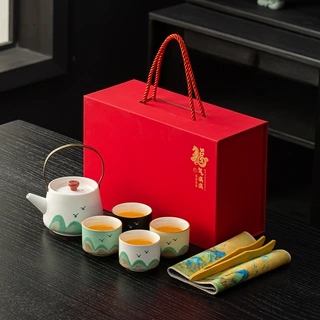 手绘江山陶瓷提梁壶茶具商务礼品套装公司年会送客户伴手礼品