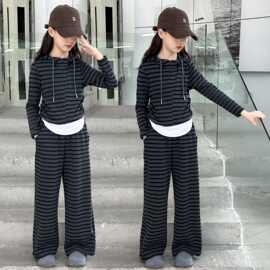 女大童假两件卫衣外套秋季装两件套中大童韩版撞色条纹运动服套装