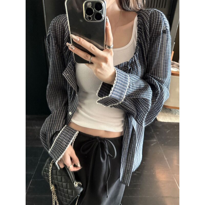 3570 #   Superniniyy Plaid Inflorescence & Design Collar Drawstring Cuff Shirt Top Jacket