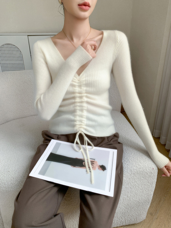 设计感~时尚V领抽绳系带修身显瘦山羊绒女内搭羊毛针织打底衫批发|undefined
