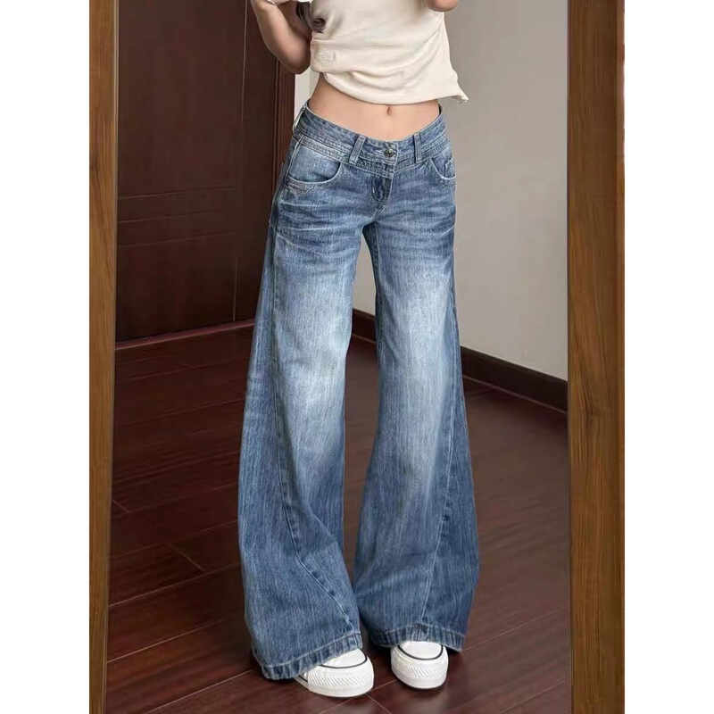 Retro dark blue flared jeans for women, 2026 spring new style, low-waisted, slimming, non-tight-fitting straight-leg bell-bottom pants