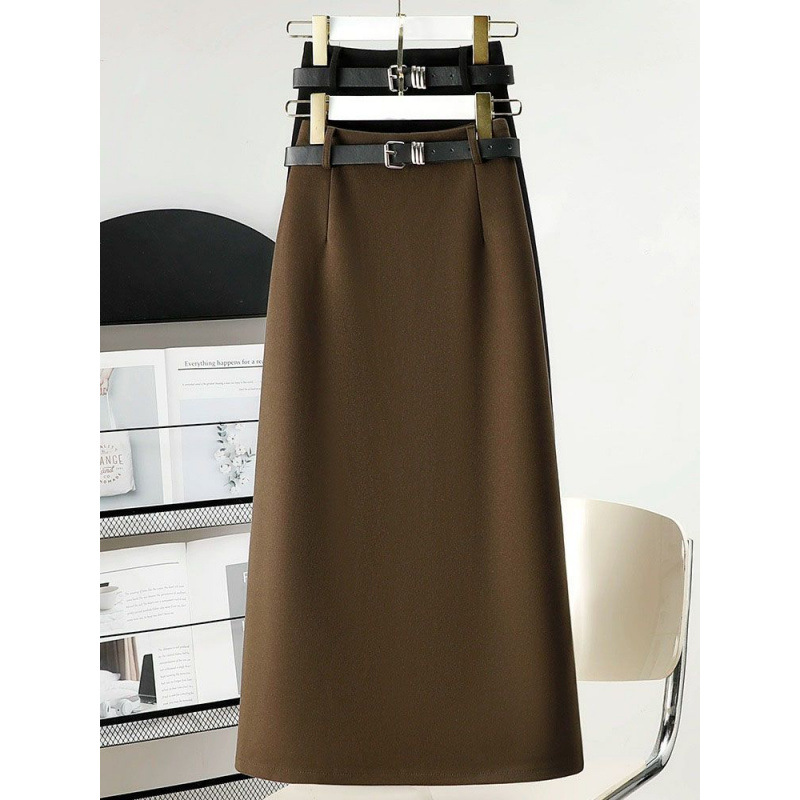 Woolen skirt for women mid-length high waist thick slit professional straight skirt autumn and winter long skirt hip-covered skirt
