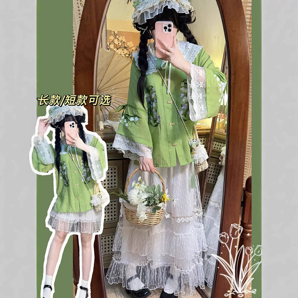 Оригинальная новинка 2025 года династии Хань, рубашка с круглым вырезом и тяжелой вышивкой, кружевная юбка, повседневный девчачий костюм с элементами Хань