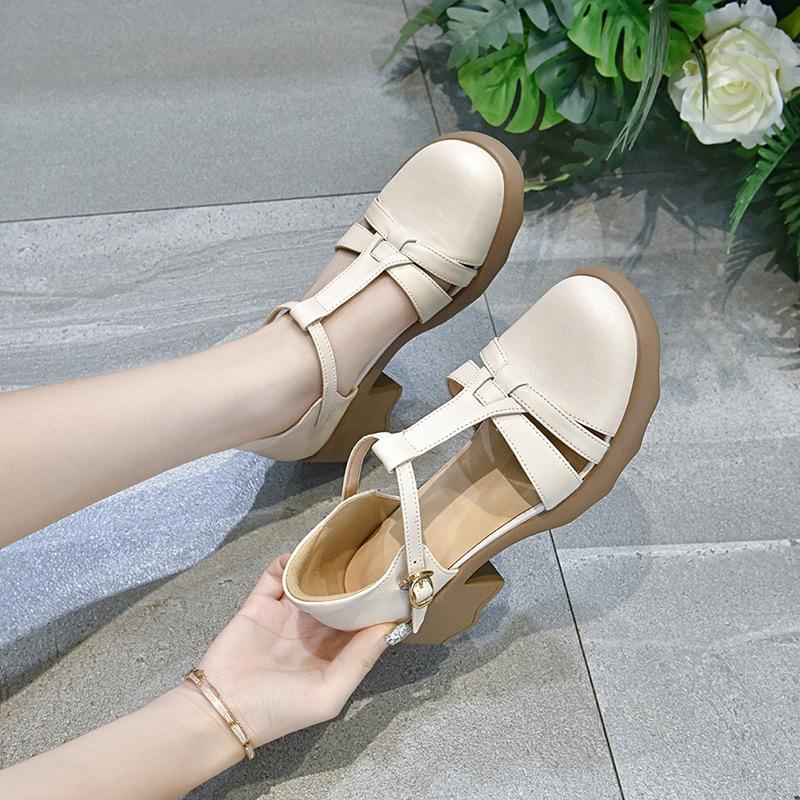 Dép sandal nữ da thật mũi kín gót dày đế xuồng mùa hè — Màu đen