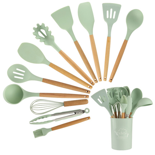 Set of 12 cooking wooden-handled silicone utensils, non-stick spatulas, spoons, and oil brushes, food-grade silicone baking tools, soup