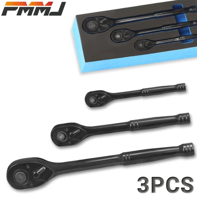Black Glossy 90-Tooth Quick Socket Ratchet Wrench, Large, Medium, and Small Sizes, Two-Way Long Handle Mini Auto Repair (Mühərrik tənzimləmə alətləri) - 3pcs-black-90-teeth