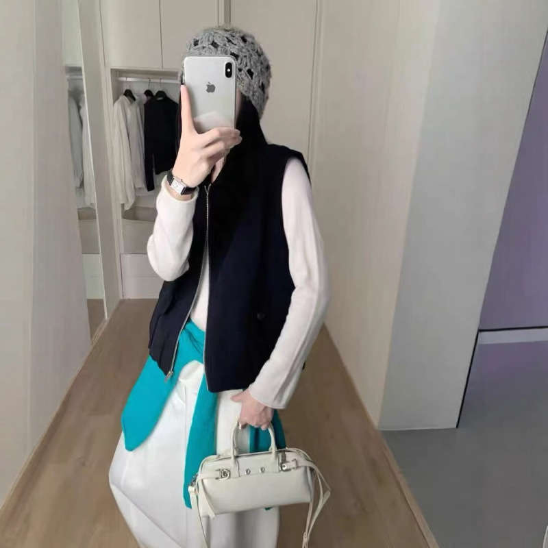 2025品质秋款女装韩系简约拉链口袋Polo领休闲磨砂皮马甲25619|undefined
