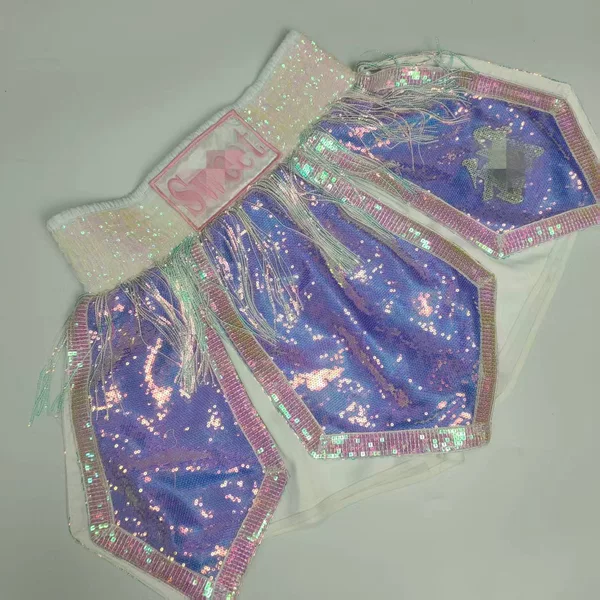 Custom-Made Purple Sequin Muay Thai Shorts for Fighting and Martial Arts Training, Unisex Competition and Training Wear, Customizable Muay Thai Shorts