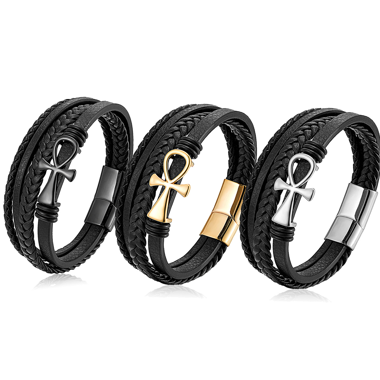 Cross-border Hot Woven Leather Rope Jewelry Wholesale Personality Anka Cross Leather Bracelet Men's Multi-layer Leather Woven Bracelet