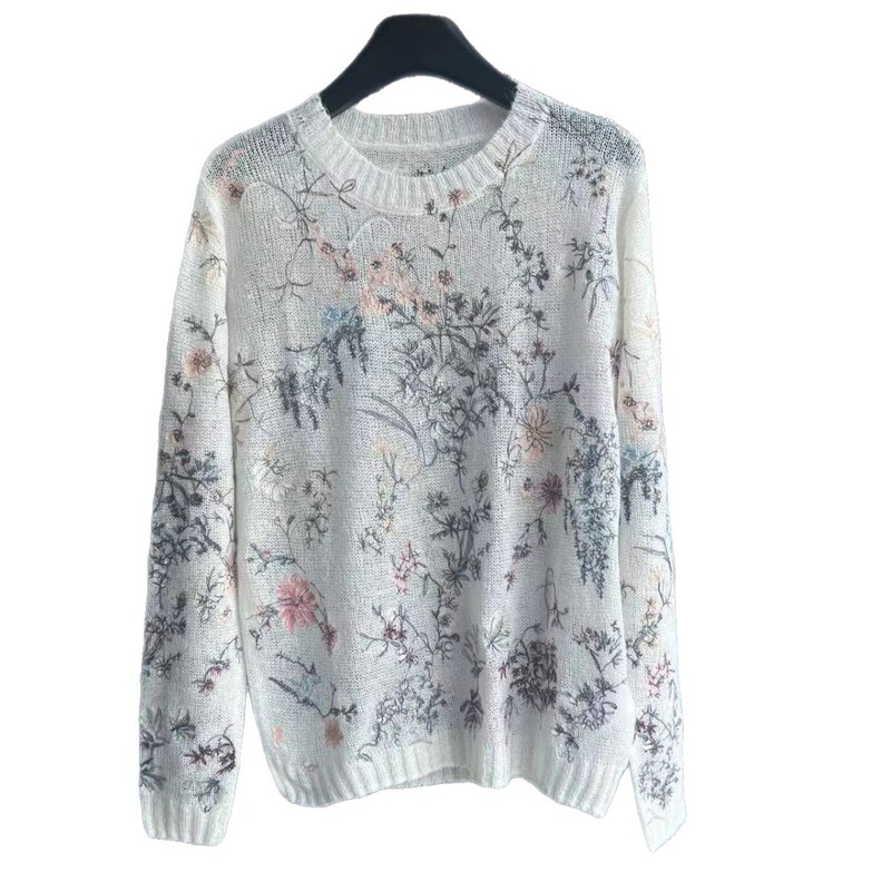 Early Autumn Knitted Cashmere Mohair Pullover Long-Sleeved Shirt Plant Flower Bud Embroidered Top Women's Simple Heavy-Duty Pullover