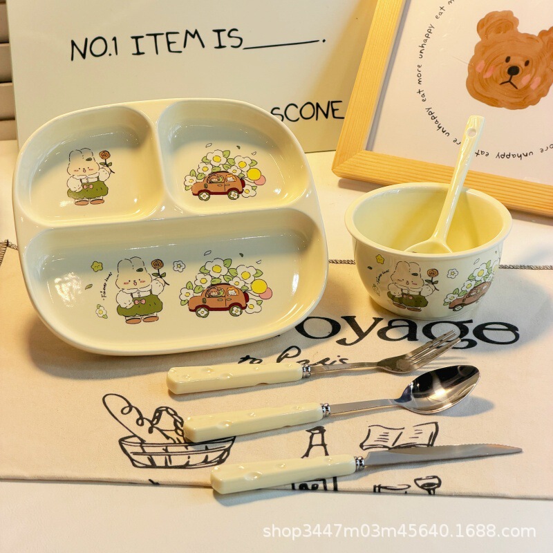 Green Rabbit Three-Compartment Ceramic Plate for Weight Loss, Suitable for Adults and Children, Beautiful Breakfast Plate, Individual Serving Plate, Tableware for One Person