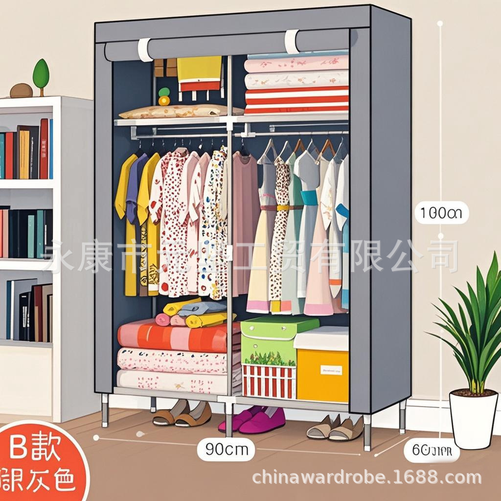 Armario de tela simple, armario de almacenamiento, armario a prueba de polvo, dormitorio, marco de acero, combinación de refuerzo, armario de estudiantes de alquiler al por mayor