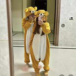 卡通轻松熊连体睡衣情侣款摇粒绒家居服万圣节表演服成人可爱动物