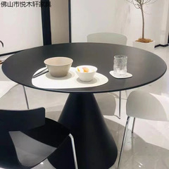 纯白哑光岩板圆形餐桌椅组合小户型家用现代纯黑简约饭桌子奶油风